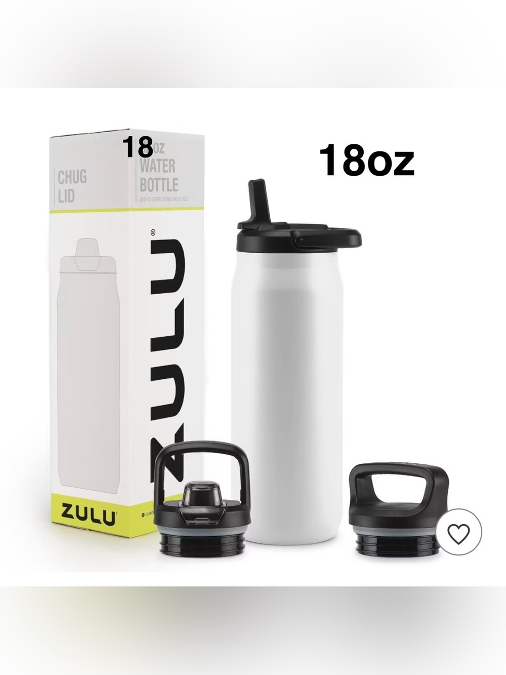 ZULU White 18 oz Water Bottle with Three Black Lids